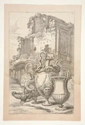 Vasen in einer Landschaft unter antiken Ruinen