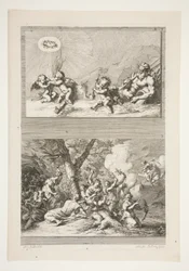 obere Hälfte: Ein Flussgott und Putti spielen mit den Symbolen des Ruhms untere Hälfte: Die Bestrafung des Amor