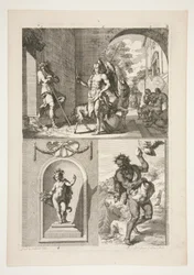 obere Hälfte: Unbekanntes religiöses Thema untere Hälfte: Eine Statue eines Putto in einer Nische und eine Statue eines Fauns in einer Landschaft