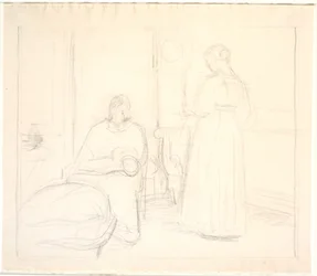Interieur mit Uhr und sitzender und stehender Frau