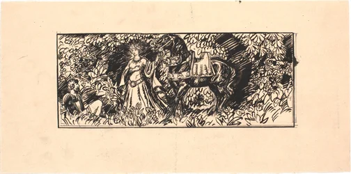 Prinzessin führt schwarzes Pferd zu sitzendem Ritter im Wald