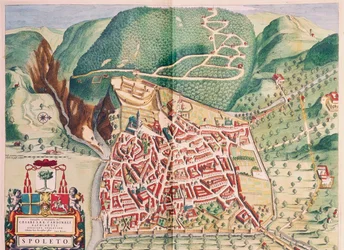 Karte von Spoleto aus Theatrum civitatum et admirandorum Italiae, von Joan Blaeu, Kupferstich