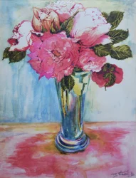 Rosa Rosen in einem blauen Glas, 2000