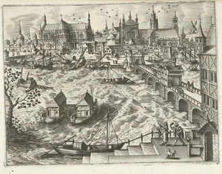 Stadtansicht mit Brücke und Hafen (Landschaften, Seestücke und fantasievolle Stadtansichten)