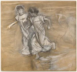 Ohne Titel (Zwei Mädchen in Weiß laufen Arm in Arm)