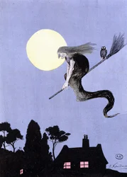 Die Hexen, wenn wir den Legenden glauben, waren die ersten, die die Luftfahrt praktizierten (Hexe auf ihrem Besen) - in "Die Abenteuer der Luftfahrt" von Xandaro