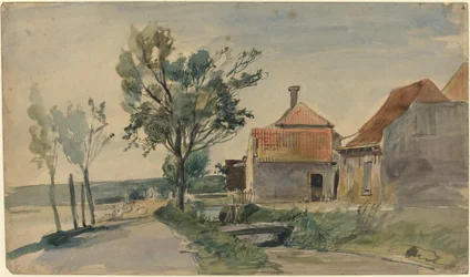 Ein Bach zwischen Häusern und einer Straße