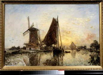 Niederländische Landschaft, Boote in der Nähe der Mühle