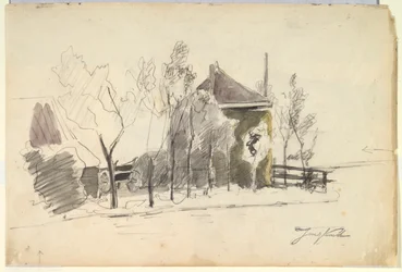 Heuwagen in einem Bauernhof (recto); Ansicht eines Bauernhofs (verso)