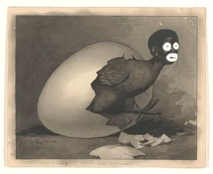 Entwurf für eine Illustration in De Amsterdammer: Ein Schwarzer Mann kriecht aus einem Ei (19. April 1930)