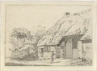 Mann mit einem Spaten bei einem Bauernhof