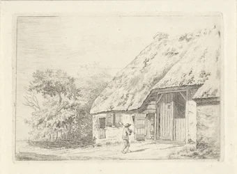 Mann mit Spaten bei einem Bauernhof