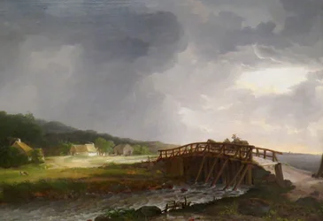 Die Brücke über den Tryggevælde-Fluss mit Blick auf Køge, Seeland