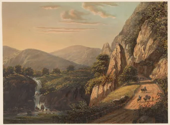 Ansicht eines Wasserfalls und einer Landstraße in Preanger auf Java