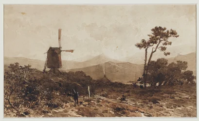 Hügellandschaft mit einer Mühle links