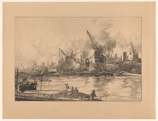 Ansicht des Hafens von Rotterdam mit verschiedenen Kränen