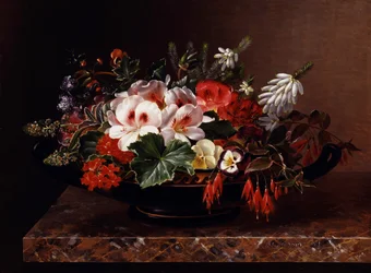 Weiße Geranien, Stiefmütterchen und Heidekraut in einem griechischen Kylix. Gemälde von Johan Laurentz Jensen (1800-1856) Privatsammlung.