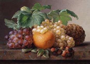 Stillleben mit Trauben, Brombeeren, Orange und Ananas