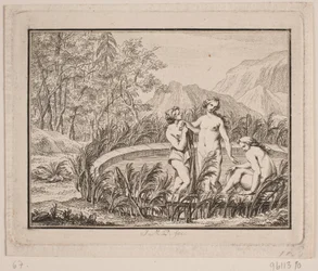 Vignette. Drei Frauen baden in einem Becken