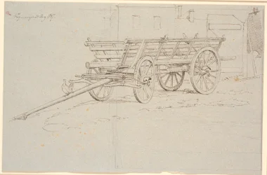 Ein Erntewagen mit einer gackernden Henne auf der Wagenstange