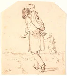 Ein junger Mann trägt ein kleines Mädchen auf seinem Rücken durch eine Landschaft