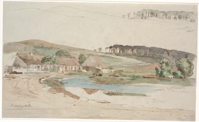 Der Dorfteich in Brofelde. F.o. eine wiederholte Studie des Profils des Hügels und des Waldes