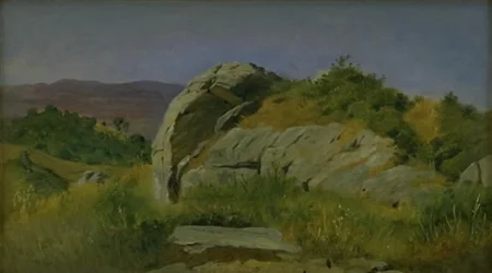 Landschaft mit Felsen im Vordergrund. Civitella, Italien