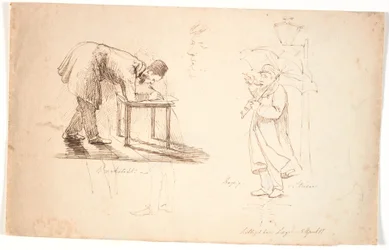 Studienblatt, links der Künstler selbst, vornübergebeugt, zeichnend auf einem Hocker oder kleinen Tisch. Darüber zwei Studien eines Offiziers und eines Mannes im Anzug. In der Mitte ein Studienkopf, Selbstporträt. Rechts steht der Künstler mit Regenschirm 