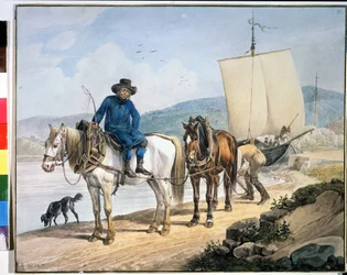 Pferd und Wagen am Fluss