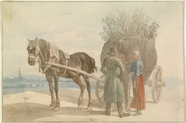 Österreichische Bauern mit einem Pferd und Wagen, mit Blick auf Wien in der Ferne