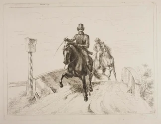 Zwei Reiter im Galopp auf einer Brücke