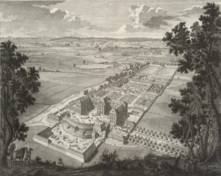 Perspektivische Vogelschau von der Menagerie auf Schloss Weißenstein in Pommersfelden