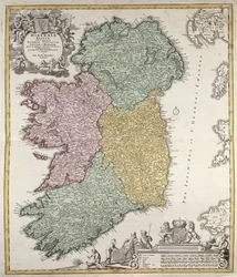 Karte von Irland mit den Provinzen Ulster, Munster, Connacht und Leinster, von Johann B. Homann, um 1730