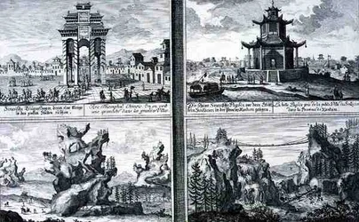 Vier Ansichten eines chinesischen Triumphbogens, einer Pagode in Sinkicien in der Provinz Xantum, künstlicher Berge und Höhlen und einer Kettenbrücke in der Nähe der Stadt Kingtung, China, aus 