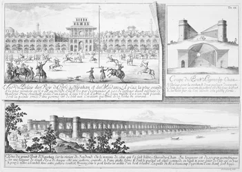 Der Königspalast in Isfahan, ein Querschnitt der Alyverdy-Chan-Isfahan-Brücke und eine Ansicht der Alyverdy-Chan-Isfahan-Brücke, aus Entwurf einer historischen Architektur, graviert von Johann Adam De