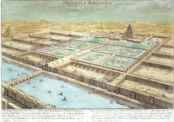 Ansicht des antiken Babylon mit den Hängenden Gärten und dem Tempel des Jupiter Belus, Tafel 3 aus „Entwurf einer historischen Architektur“, gestochen von Johann Adam Delsenbach (1687-1765), 1721