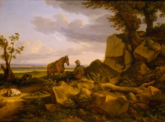 Italienische Landschaft mit einem ruhenden Jäger, Selbstporträt