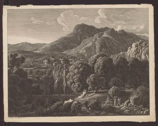 Gebirgslandschaft mit einer Stadt klassischer Architektur im Hintergrund