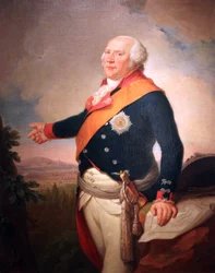 Porträt von König Friedrich Wilhelm II. von Preußen (1744-1797) mit einem Stern des Preußischen Ordens vom Schwarzen Adler, seine linke Hand ruht auf einer Karte von Frankfurt, eine Landschaft mit der preußischen Armee, die außerhalb von Frankfurt lagert