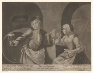 Mann und Frau trinken Bier und Branntwein