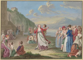 Italienische Landleute unterhalten sich am Seeufer mit Spiel und Tanz, im Hintergrund hohe Berge