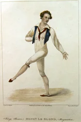 Porträt von Monsieur Le Blond, ein Tänzer am Haymarket Theatre, London, tanzend mit ausgestrecktem Bein und Arm, graviert von R. Cooper