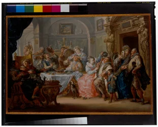 Innenraum mit eleganten Figuren in Maskenkostümen beim Festmahl