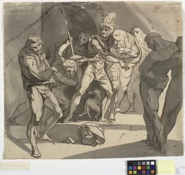Richard Plantagenet wirft den abgetrennten Kopf des Herzogs von Somerset zu den Füßen seines Vaters. Illustration zu Shakespeares Henry VI, Teil 3, Akt 1, Zeile 20