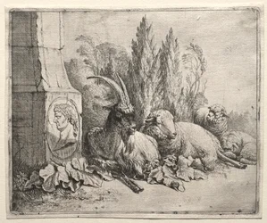 Büste am Fuße einer Pyramide