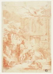 Kuhhirte mit Stier und Hund in Ruinen