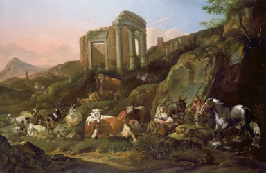 Bauernhoftiere in einer klassischen Landschaft, 1684