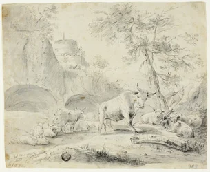 Landschaft mit Hirte und Schafen, Ziege, Rindern