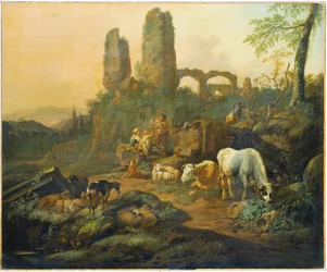 Rastende Hirtenfamilie bei einer antiken Ruine