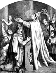 Die Krönung Kaiser Karls des Großen durch Papst Leo III. Illustration aus der Geschichte des deutschen Volkes von E. Duller, 1840